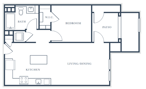 A floor plan of a house with a living room, dining room, kitchen, bedroom, and bathroom.